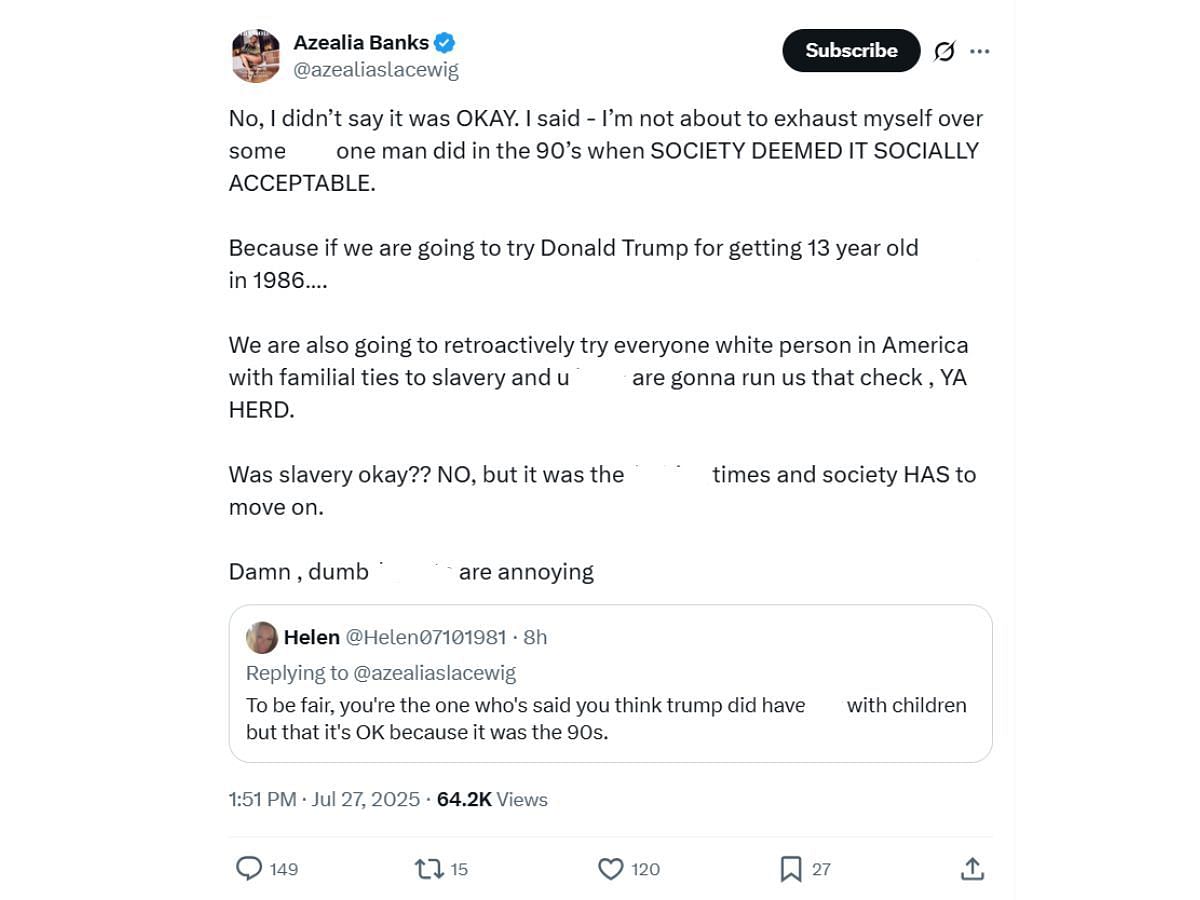 Azealia's response to an X user's backlash (Image via X/ @azealiaslacewig)